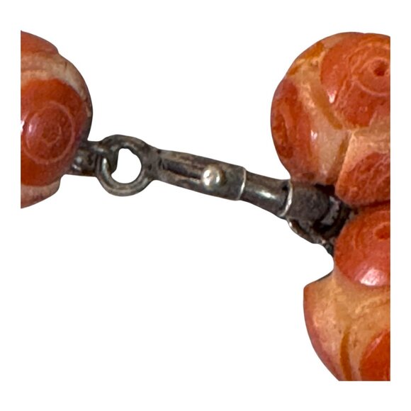 Vtg Hand-Carved Rosette Rose Coral Beaded Necklace Sterling Clasp Double Strand - Picture 3 of 7